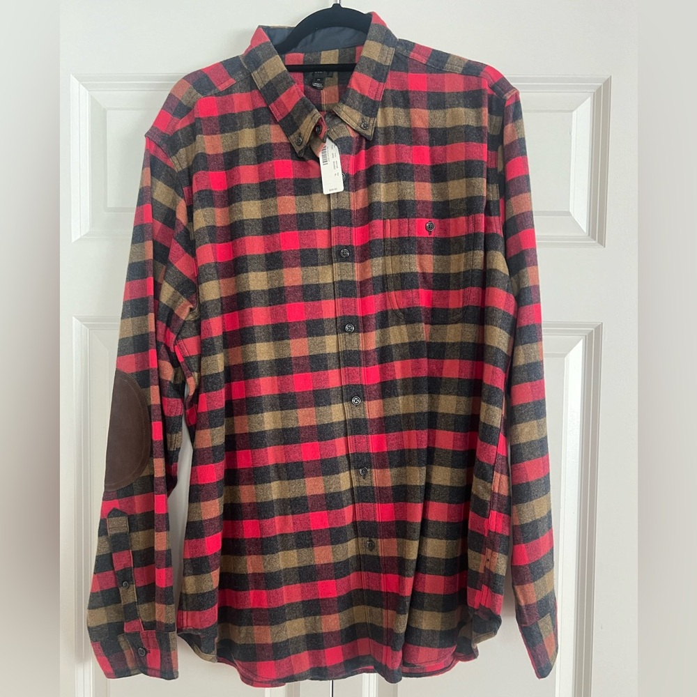 New with tags, J.Crew flannel shirt with brown suede elbow patches